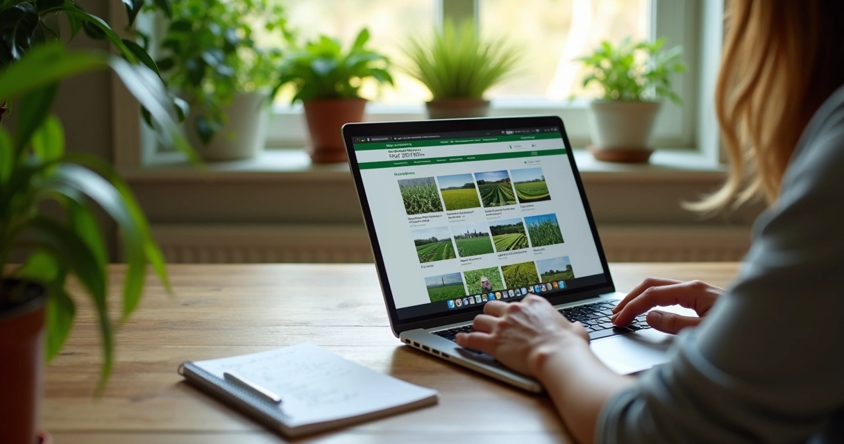 Pessoa acessando conteúdo educativo agro em notebook numa mesa de madeira 