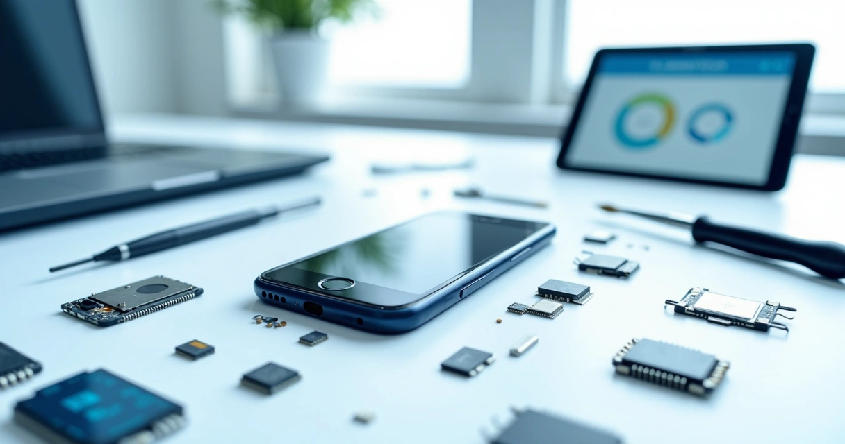 Celular desmontado em bancada com ferramentas ao redor