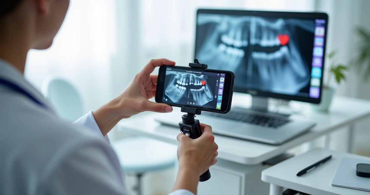 Dentista grava vídeo educativo para rede social em consultório 