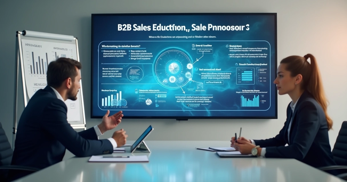 Material educativo digital sendo apresentado em uma tela para um decisor empresarial 