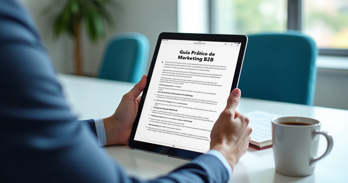 Pessoa lendo guia digital em tablet sobre marketing B2B 