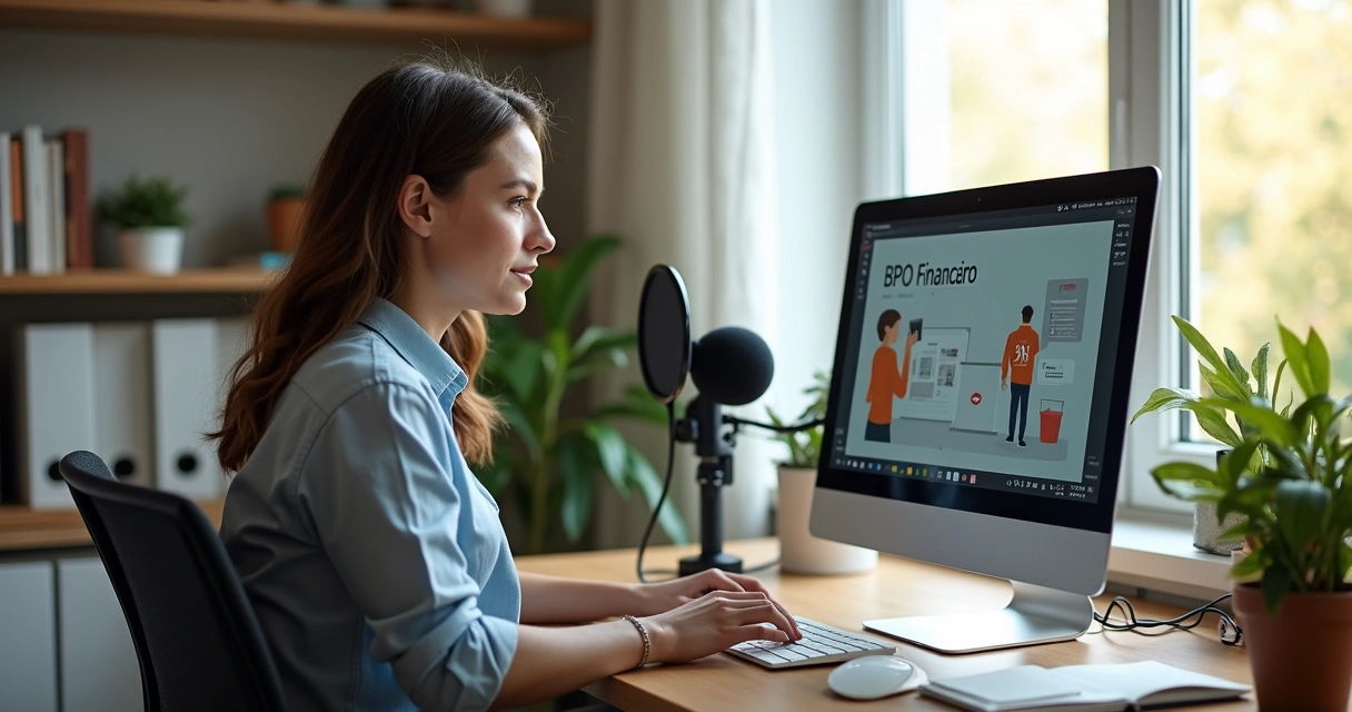 Profissional criando conteúdo digital educativo sobre BPO Financeiro 