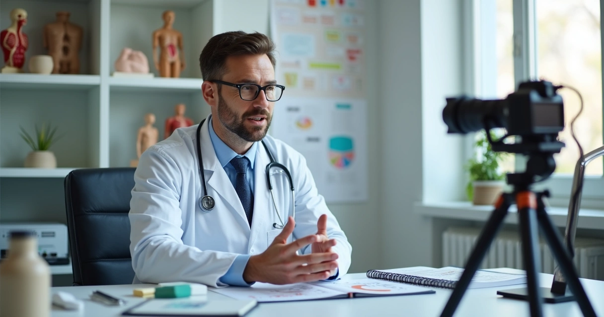 Médico gravando vídeo educativo em clínica de aparência moderna 