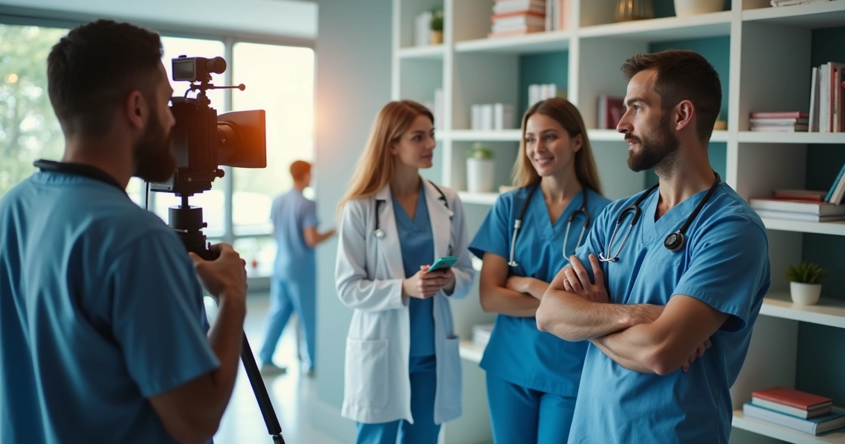 Equipe médica gravando vídeos educativos em consultório 