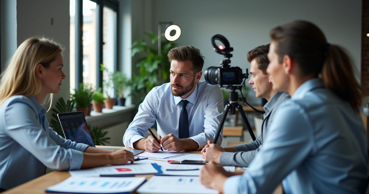 Equipe contábil gravando vídeo educativo 