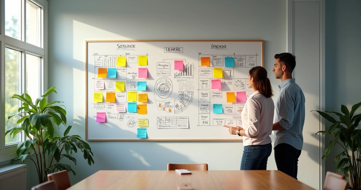 Quadro branco com gráficos e post-its sobre temas de contabilidade