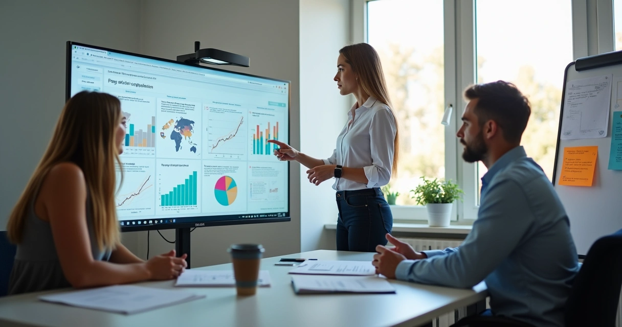 Contador explicando conceitos em vídeo e gráficos em tela, com clientes atentos 