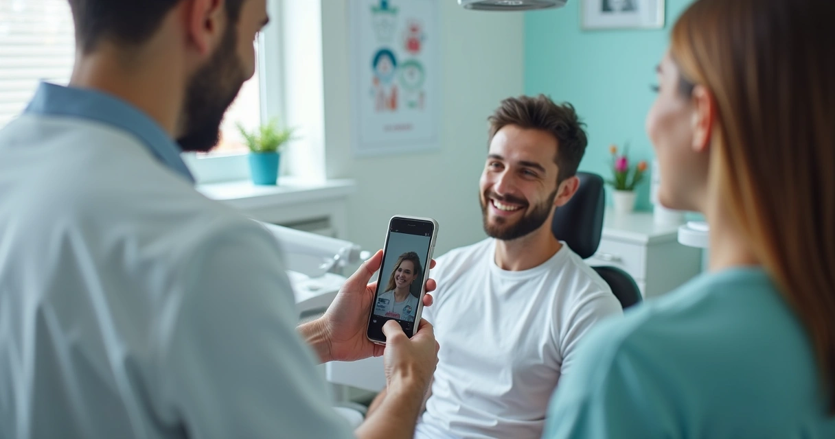 Dentista grava vídeo explicando tratamento com celular e paciente sorrindo 