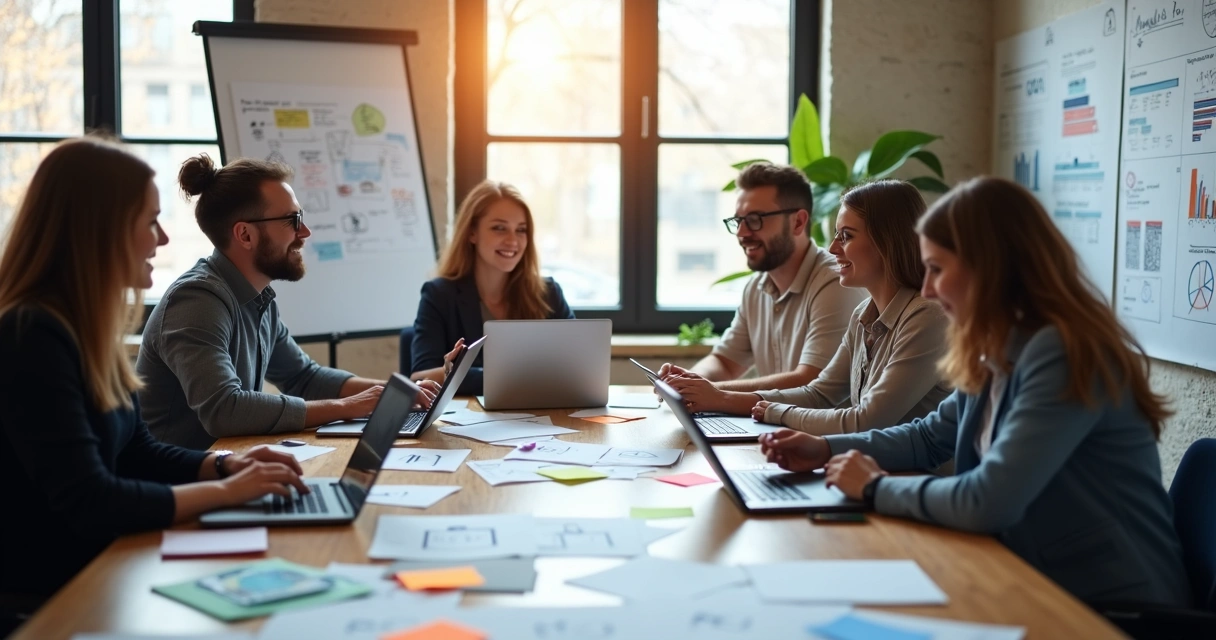 Equipe de marketing discutindo conteúdo educativo para atração de leads 