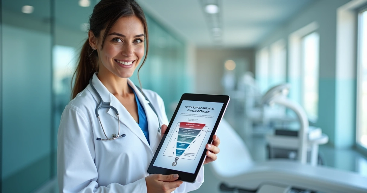Médica sorrindo com tablet em consultório moderno, mostrando diagramas de funil de relacionamento médico 