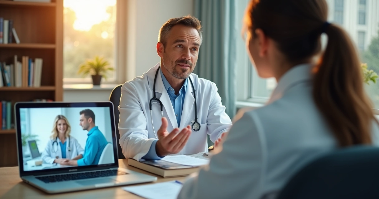 Médico grava vídeo educativo em consultório moderno 