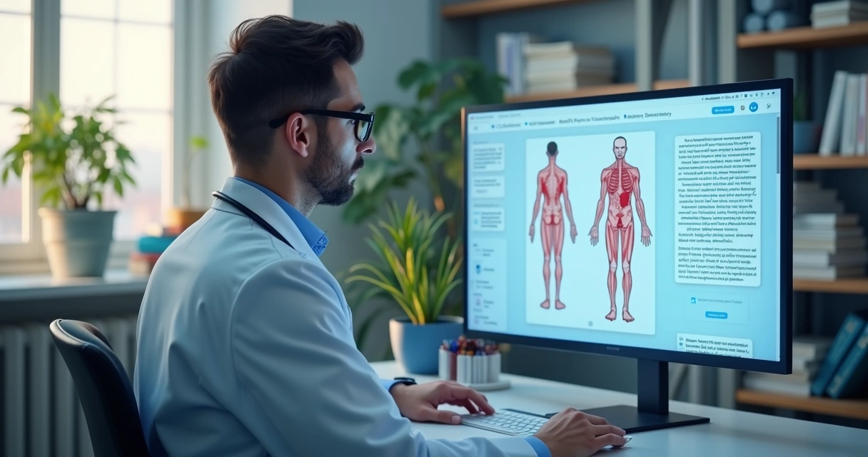 Médico revisando material educativo digital com IA 