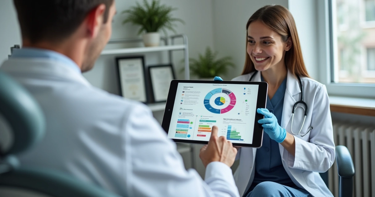 Dentista explicando tratamento para paciente em tablet 
