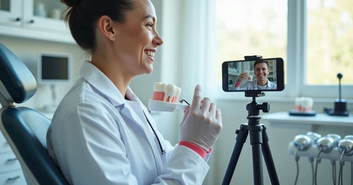 Dentista gravando vídeo educativo de odontologia para redes sociais