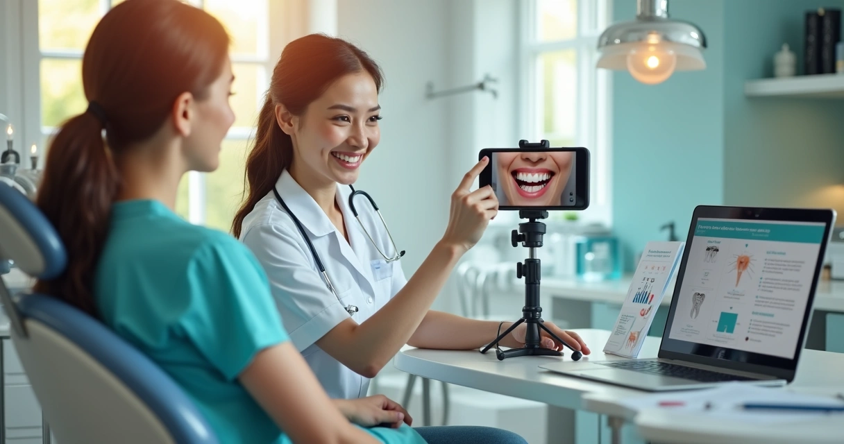 Dentista gravando vídeo educativo em consultório