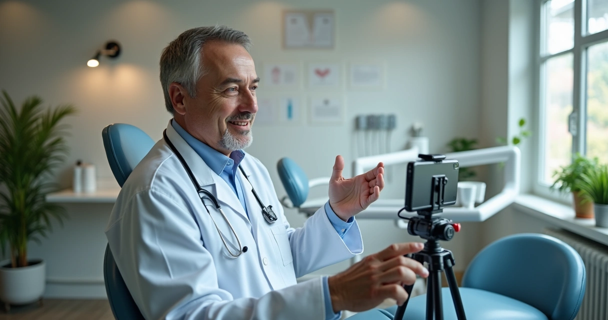 Dentista gravando vídeo educativo em consultório 