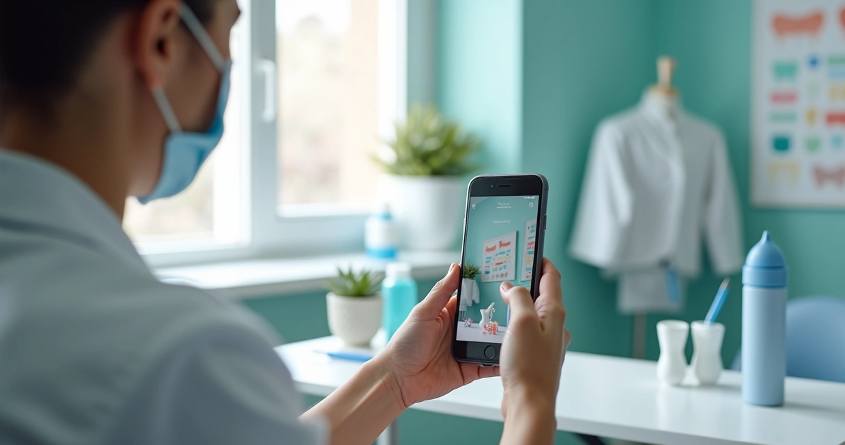 Dentista grava vídeo educativo no consultório com luz natural e equipamentos ao redor 