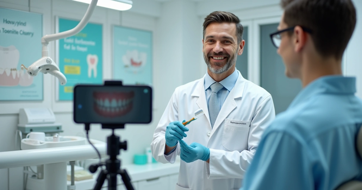 Dentista grava vídeo educativo na clínica mostrando escovação 