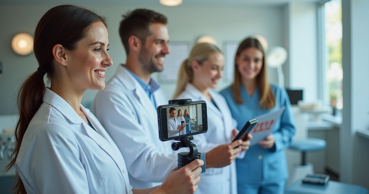 Equipe odontológica gravando vídeos para redes sociais