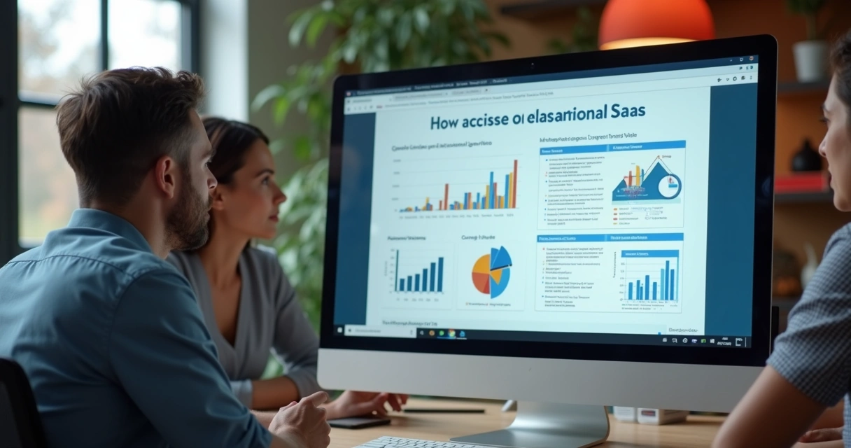 Apresentação em monitor mostrando gráficos e textos sobre SaaS, com foco em conteúdo educativo