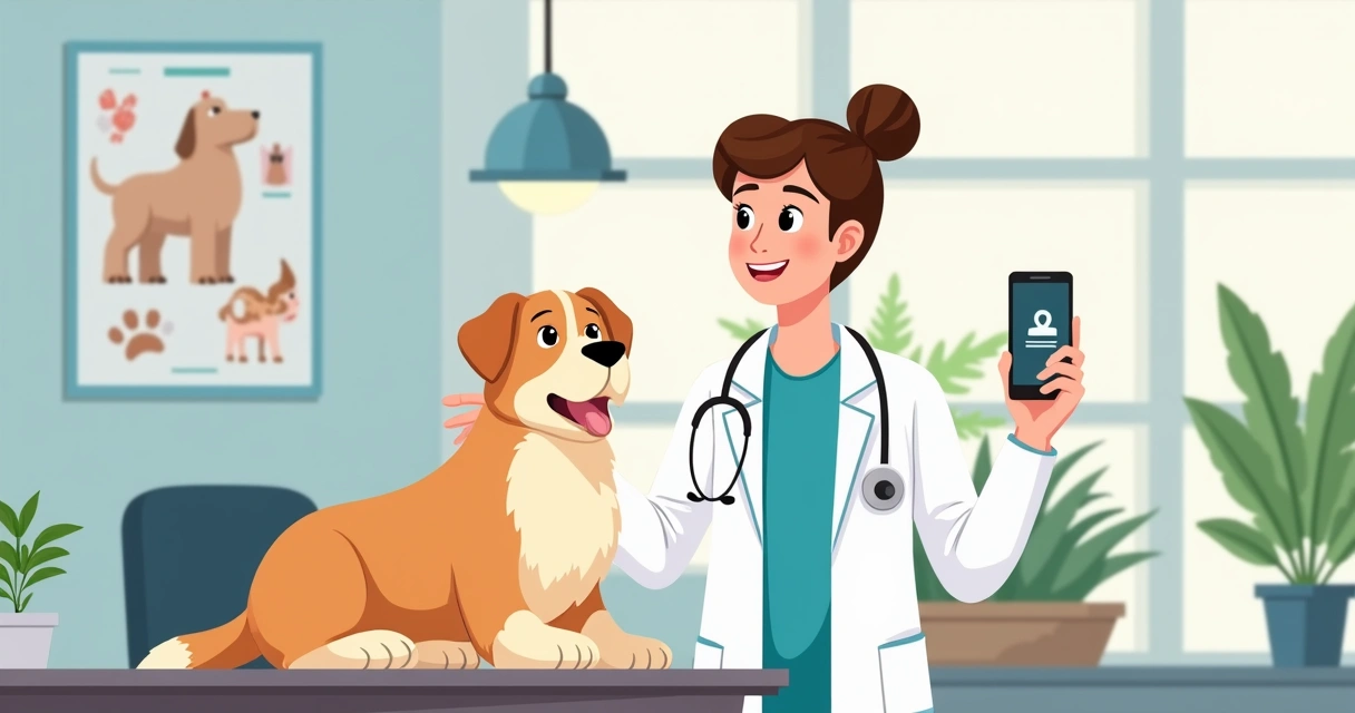 Veterinário gravando vídeo educativo em celular, consultório ao fundo