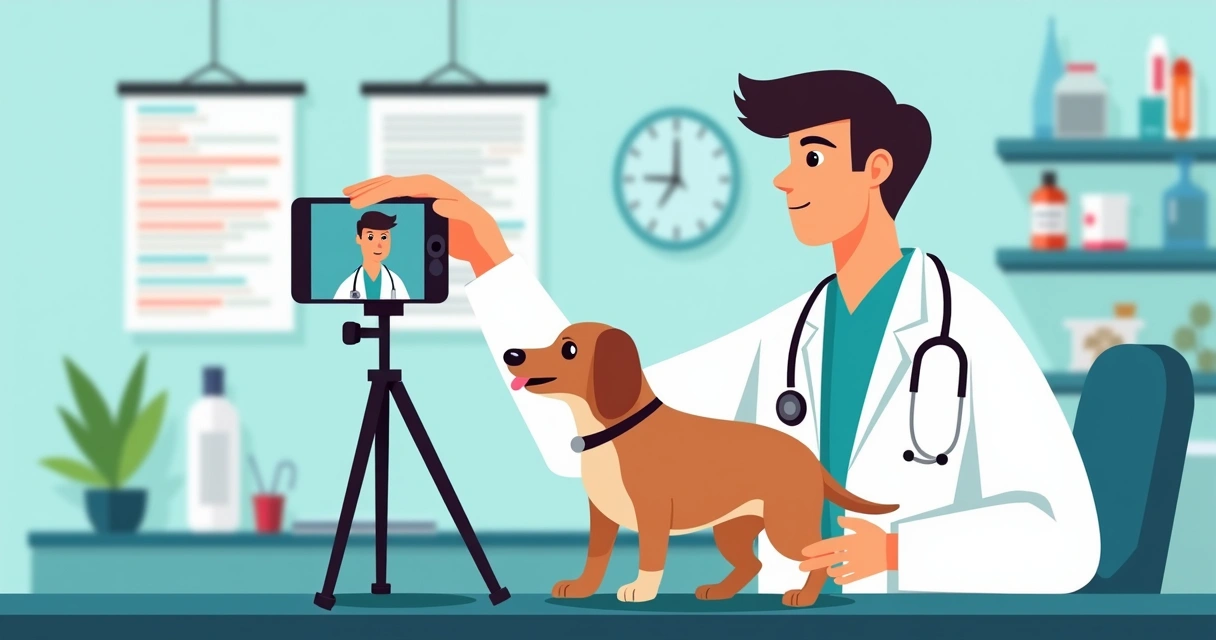 Veterinário gravando vídeo educativo com cachorrinho na mesa. 