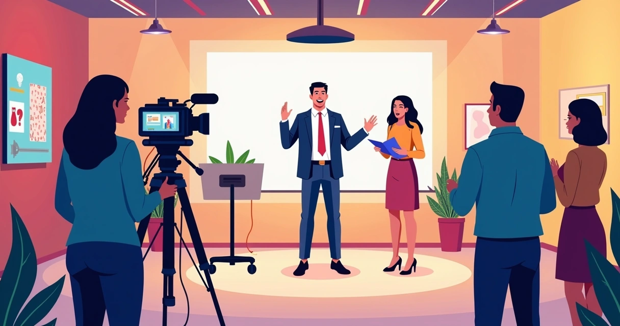 Equipe produz vídeo de campanha com cenário colorido e microfone 