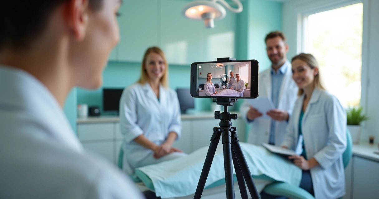 Dentista gravando vídeo para Instagram no consultório com celular em tripé, equipe ao fundo