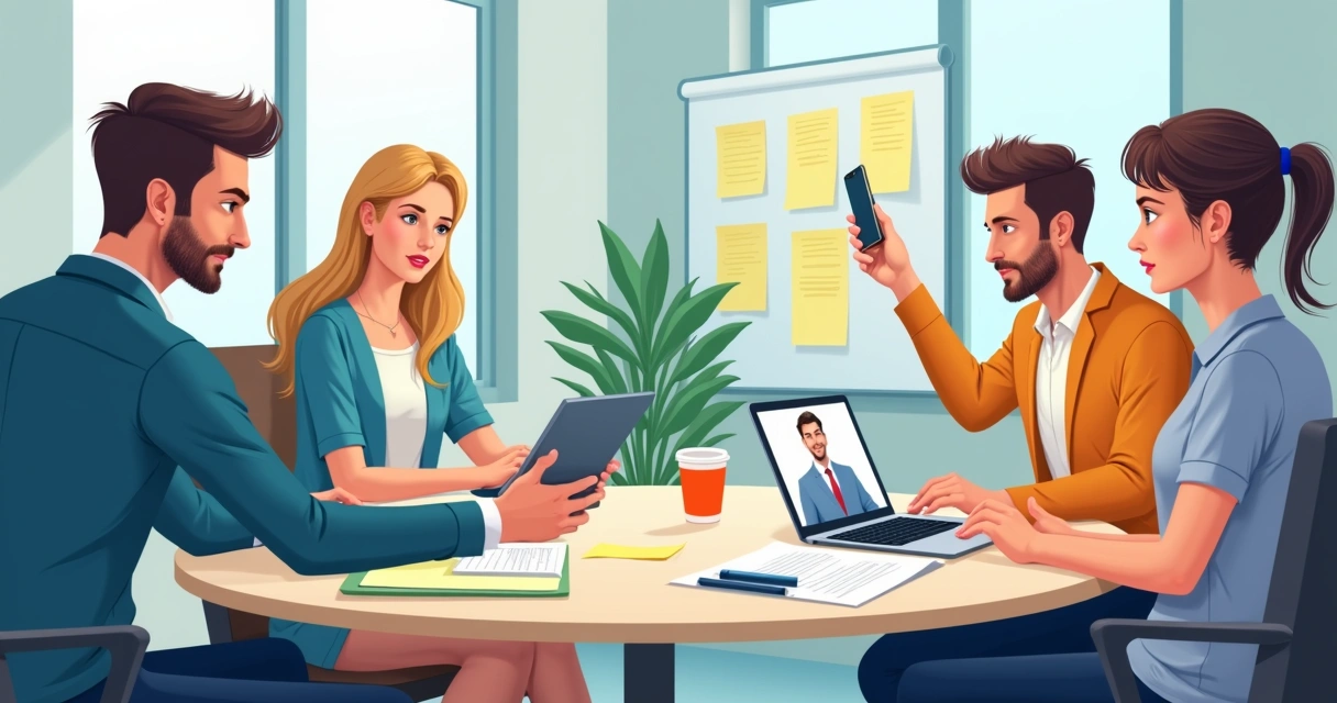 Equipe de mandato legislativo gravando vídeos e planejando posts, com presença de celular e notebook em fundo claro