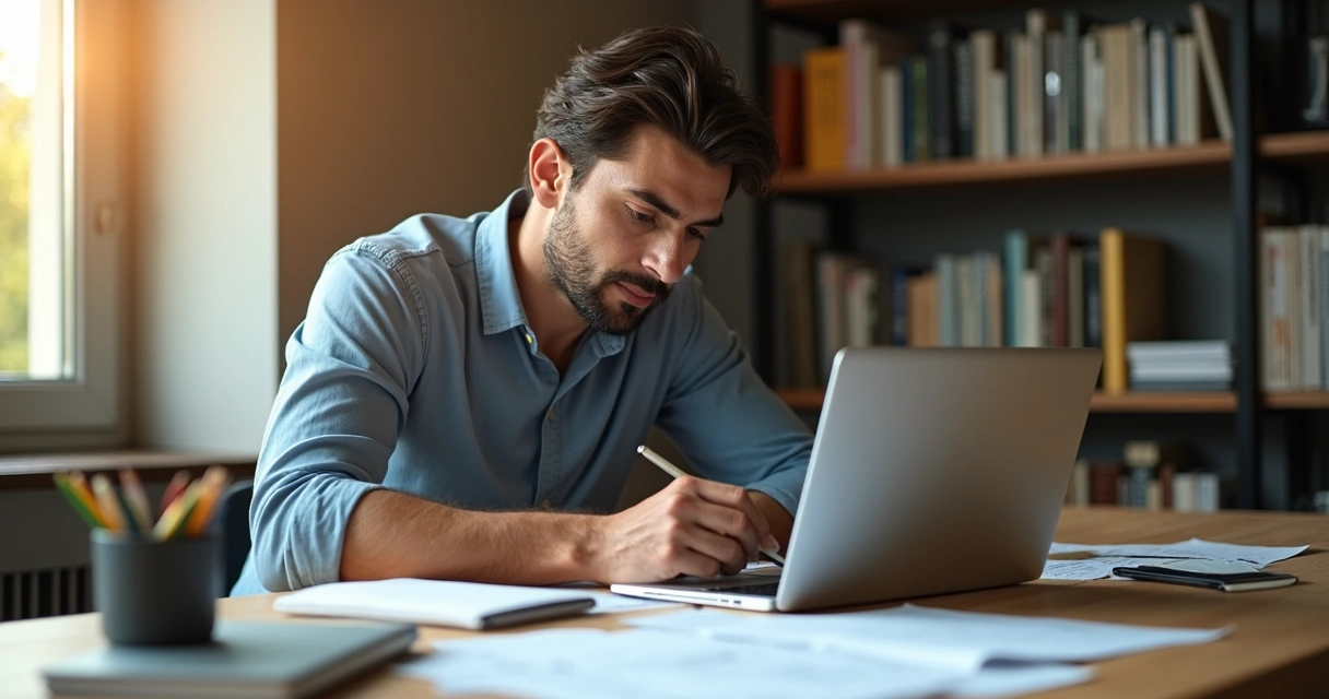 Gestor de PME escrevendo conteúdo especializado para clientes 