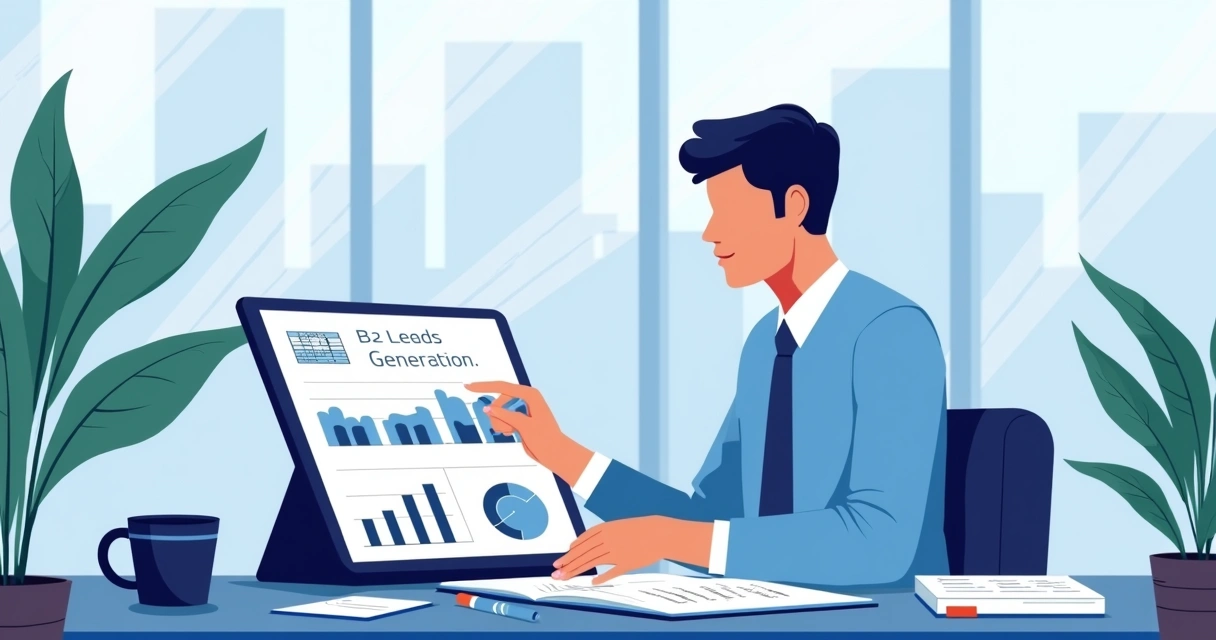 Profissional analisando gráficos digitais de leads B2B em tablet na mesa de escritório 