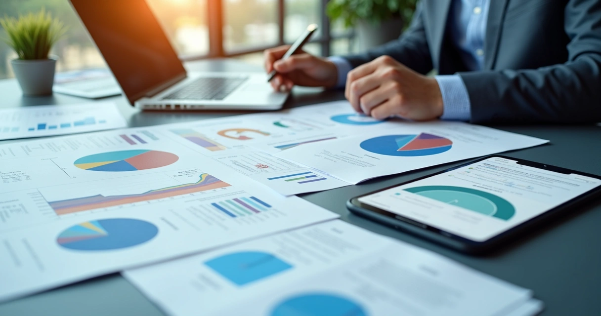 Materiais impressos e digitais estratégicos para vendas organizados em mesa de escritório