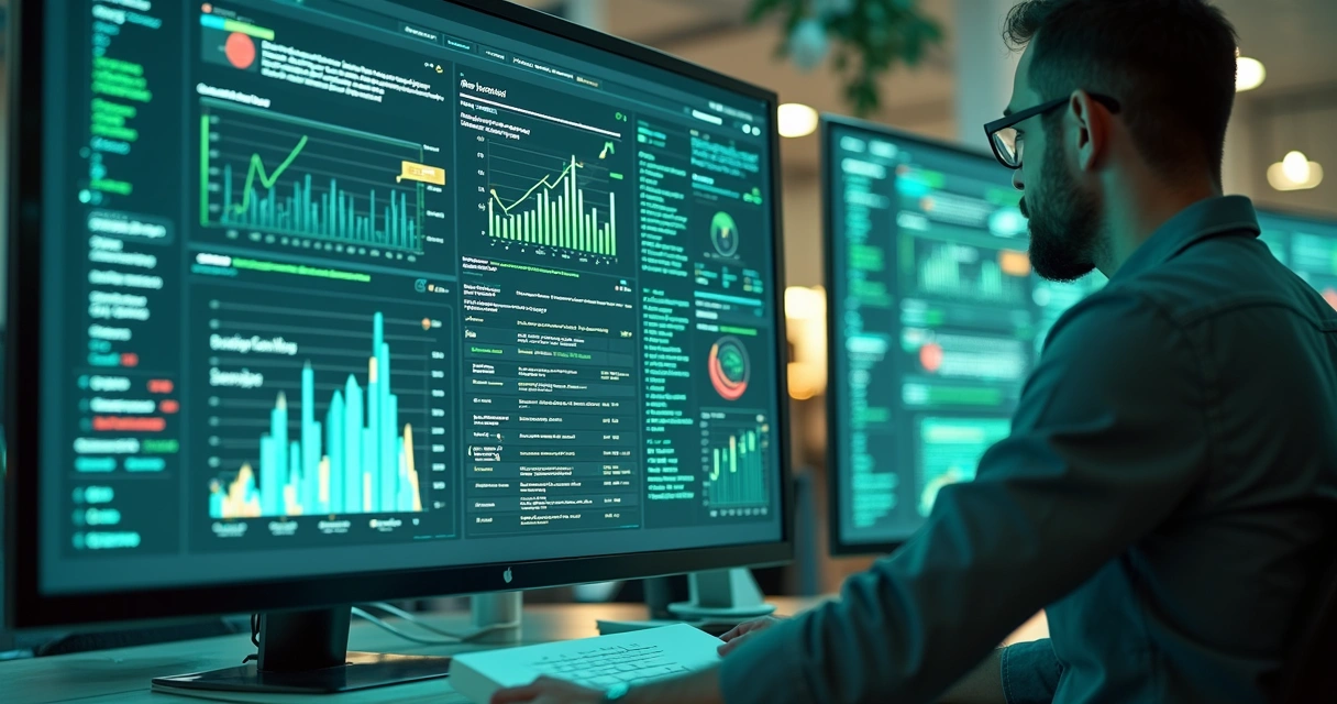 Tela de computador exibe conteúdo estruturado com gráficos, listas e dados em destaque 