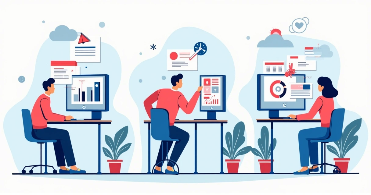 Ilustração corporativa plana com visualização do funil de vendas mostrando as três etapas: topo, meio e fundo com ícones de conteúdo, computador e gráficos 