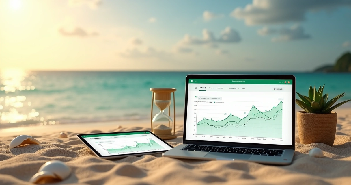 Blog de conteúdo evergreen aberto em tablet na areia de praia 