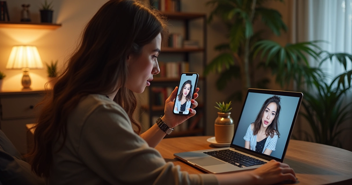 Influenciador grava vídeo exclusivo para seguidores em sala com luz suave. 