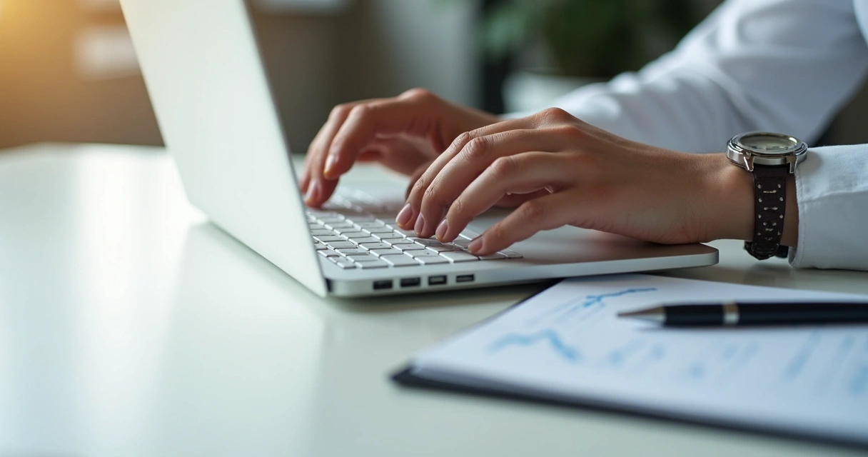 Pessoa digitando artigo sobre finanças em notebook branco, bloco de notas ao lado 