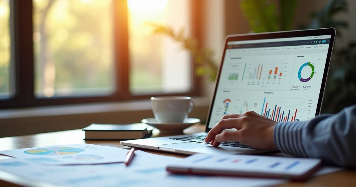 Conteúdo financeiro sendo produzido no computador, telas com gráficos e textos