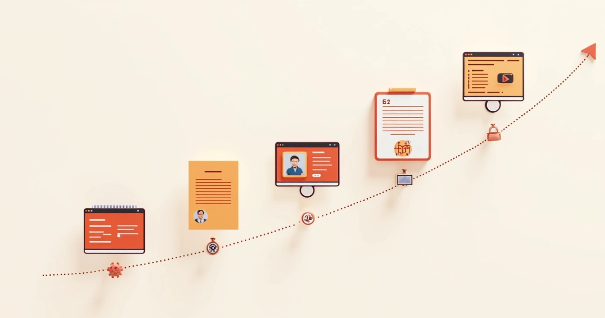 Coleção de diferentes tipos de conteúdo alinhados em ordem de funil. 