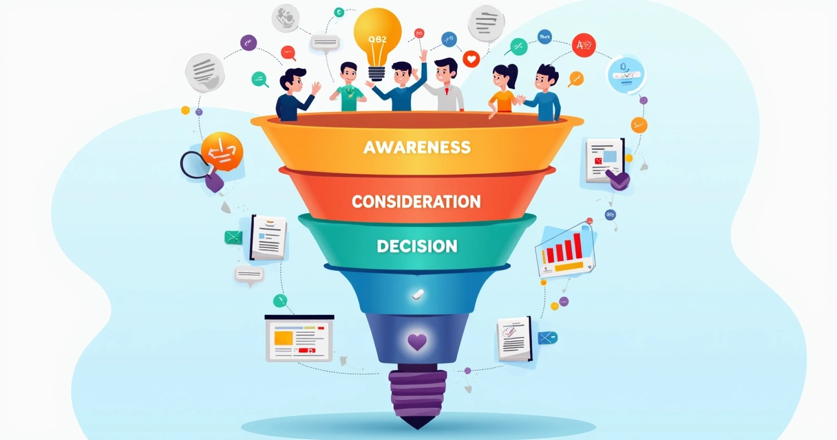 Diagrama colorido do funil de vendas mostrando diferentes tipos de conteúdo em cada etapa.