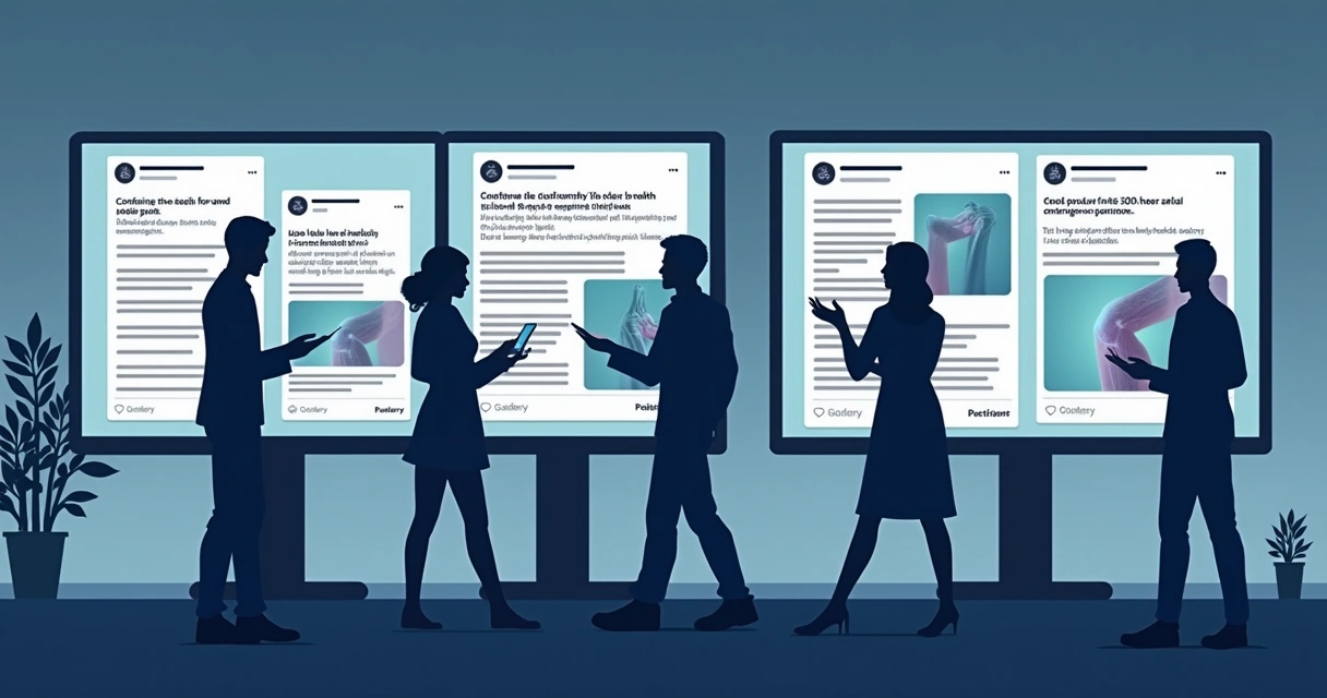 Ilustração de diversos perfis médicos online, todos exibindo o mesmo tipo de postagem sobre saúde, com design e textos repetidos. 