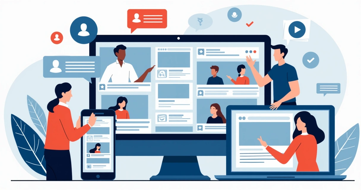 Ilustração flat corporativa mostrando várias pessoas criando e compartilhando conteúdo digital diversas telas de computador e smartphone, com ícones de avaliações, vídeos e hashtags online 