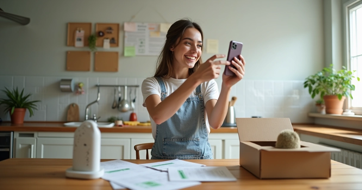 Pessoa gravando vídeo espontâneo sobre produto, com luz natural, ambiente descontraído. 