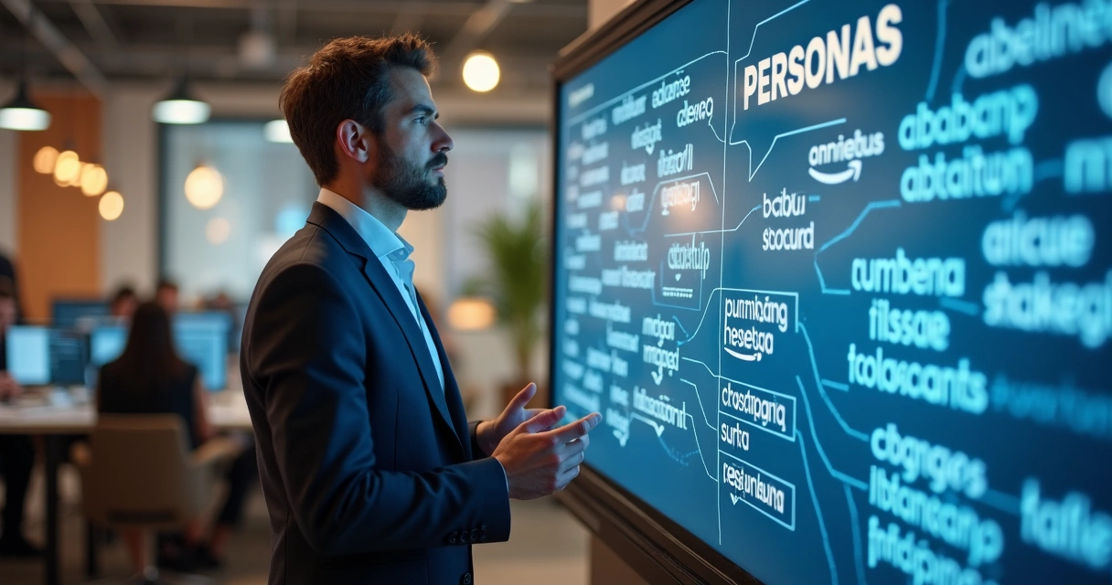 Profissional de marketing analisando personas e hashtags ao mesmo tempo. 