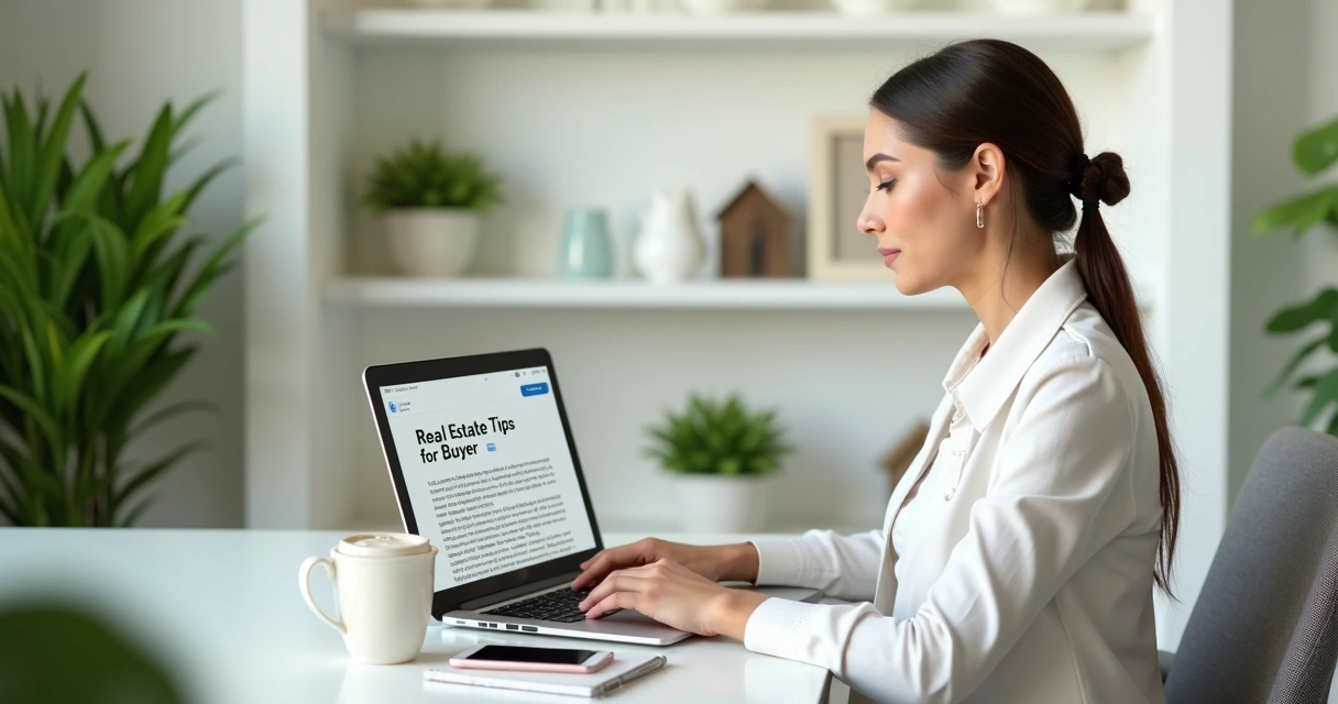 Corretora escrevendo guia imobiliário em notebook para blog de site imobiliário 