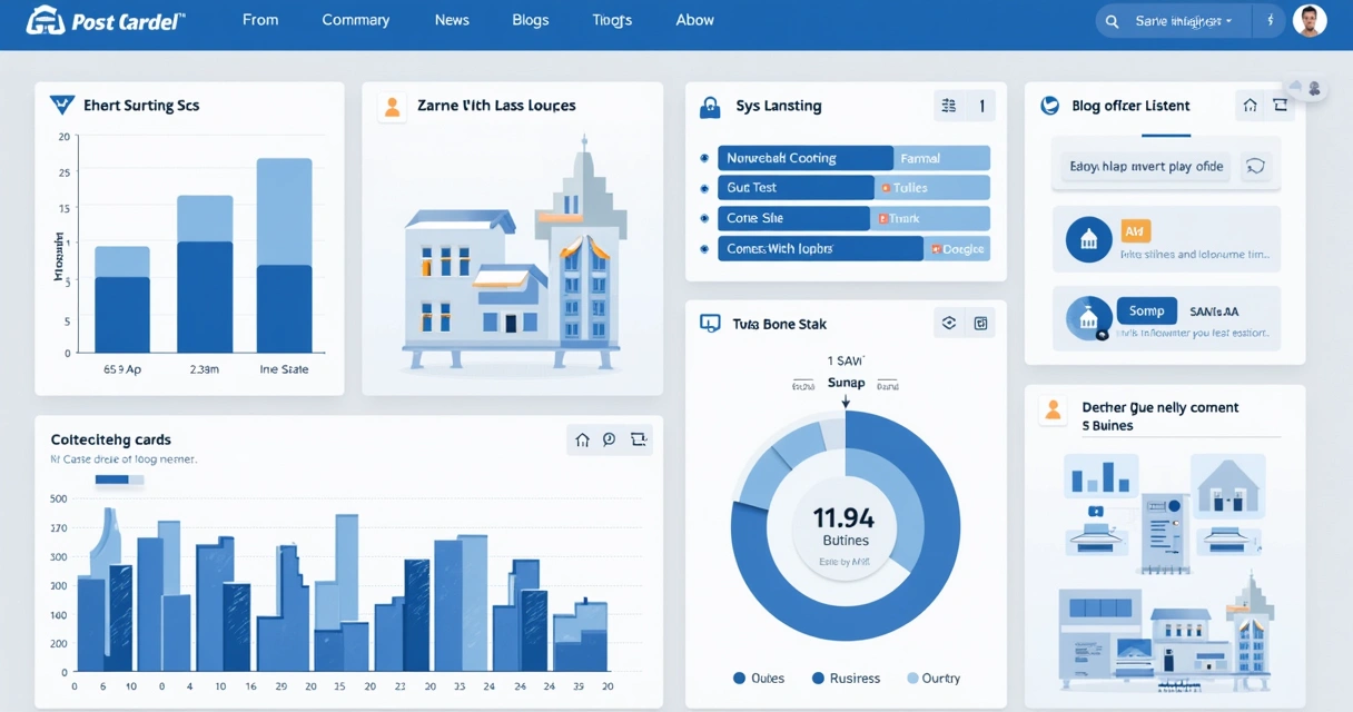 Dashboard de gestão imobiliária mostrando gráficos de leads, funil de vendas e imóveis em destaque 