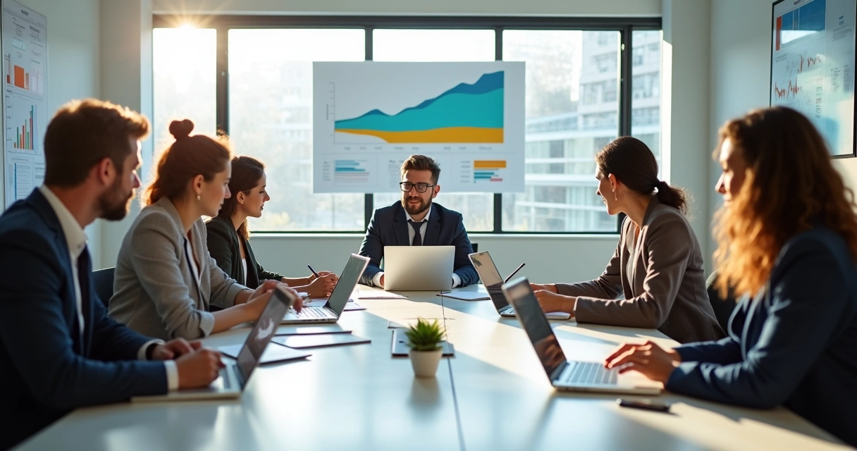 Equipe de marketing escrevendo conteúdo em notas e computadores 