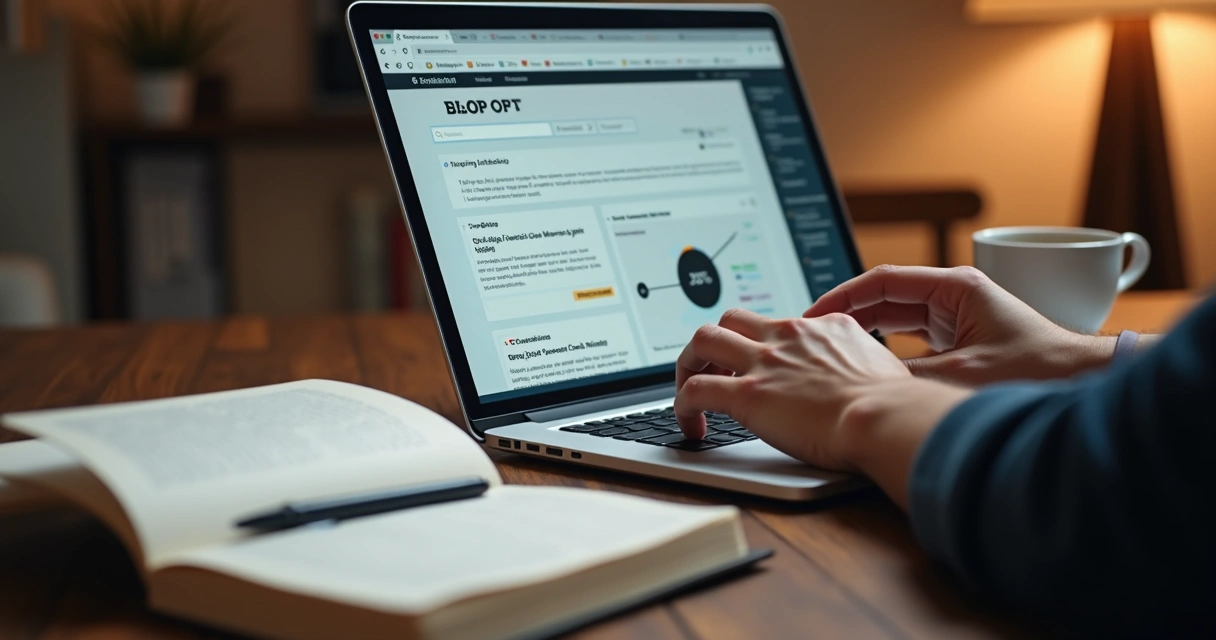 Pessoa lendo blogpost em notebook, com caderno ao lado e xícara de café 