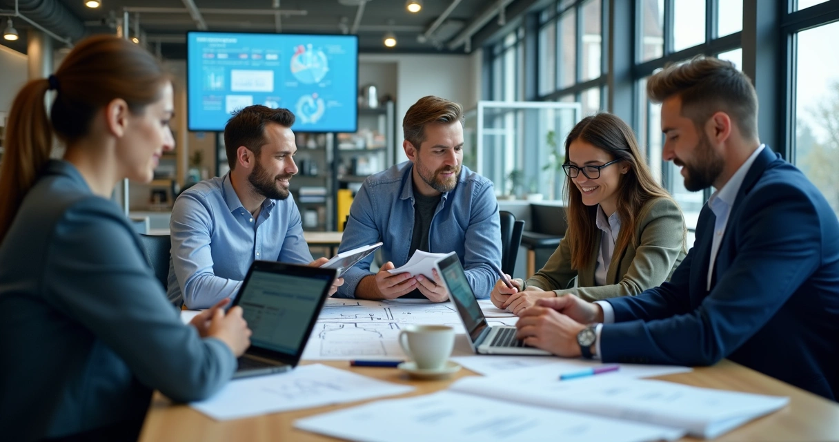 Equipe industrial lendo e-book técnico em escritório tecnológico 