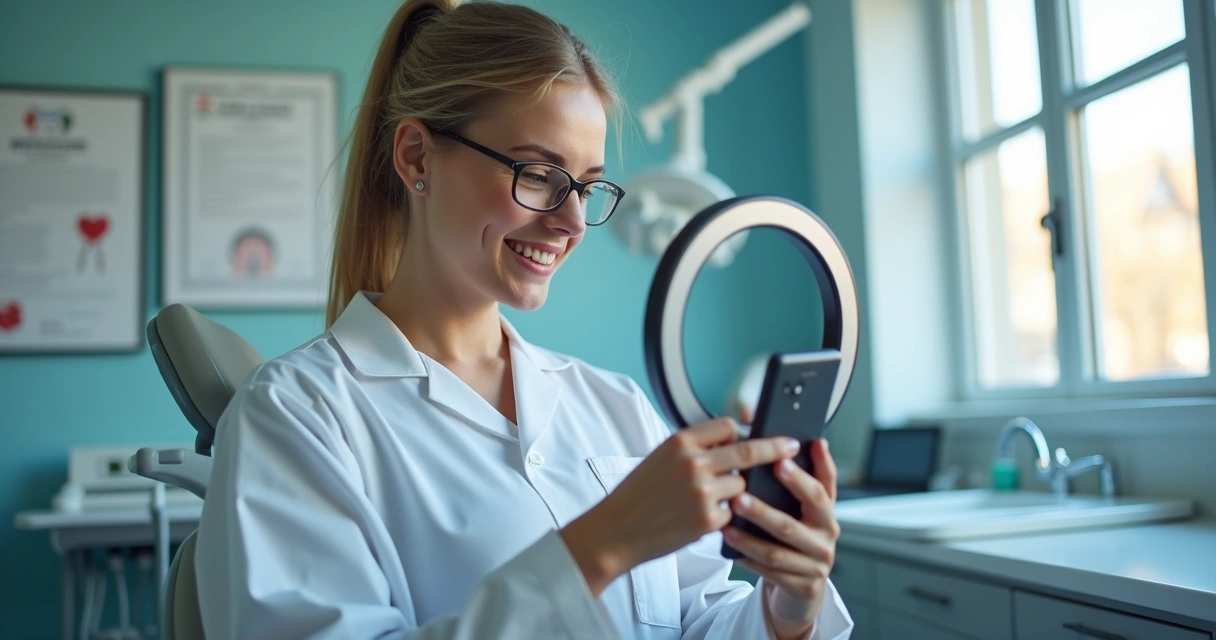 Profissional de saúde bucal gravando vídeo educativo em consultório moderno